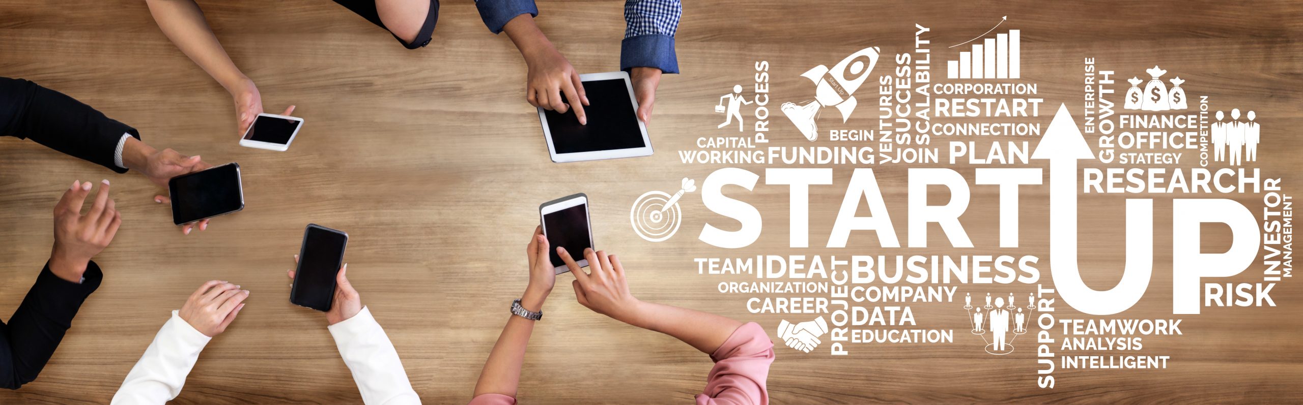 Start Up Business of Creative People Concept - Modern graphic interface showing symbol of entrepreneurship, fund, and project plan to start a new small business by smart group of entrepreneur.